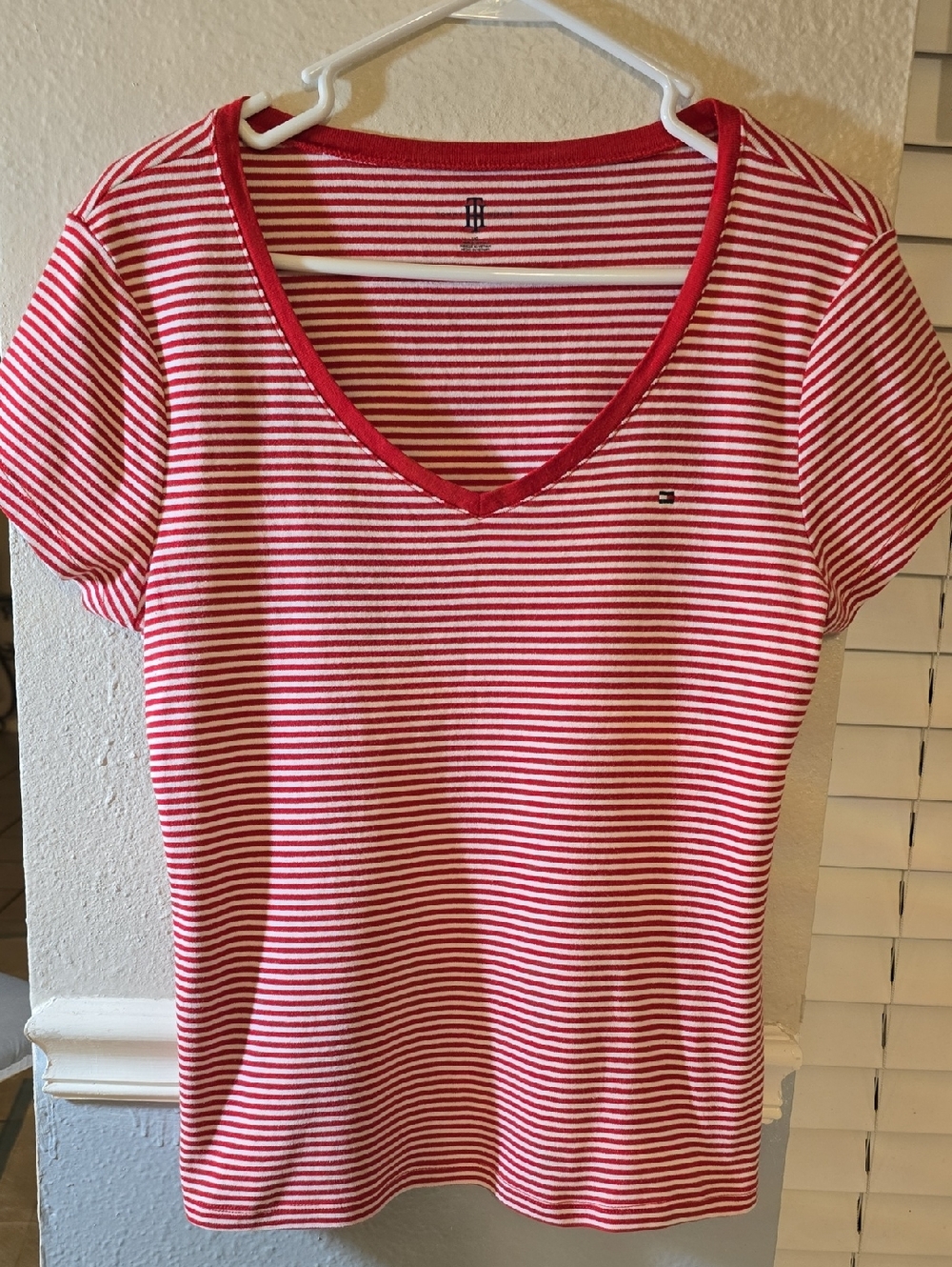 Tommy Hilfiger Red & White Striped V-Neck Short Sleeve Tee
